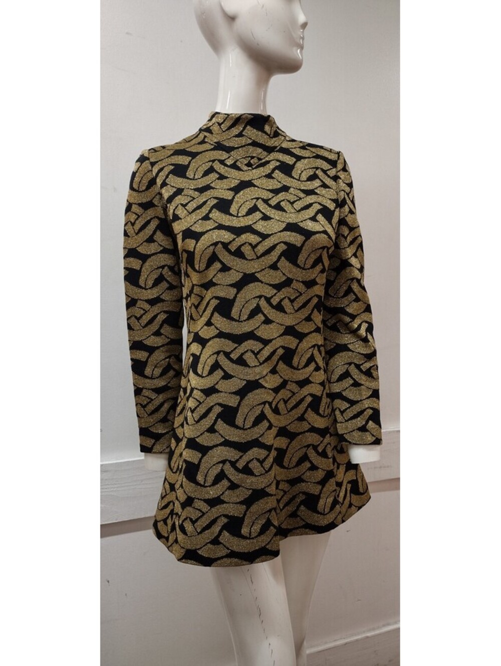 Vintage Kimberly 60s Mod Mini Dress M Gold Metallic Virgin Wool MOCK LONG SLEEVE